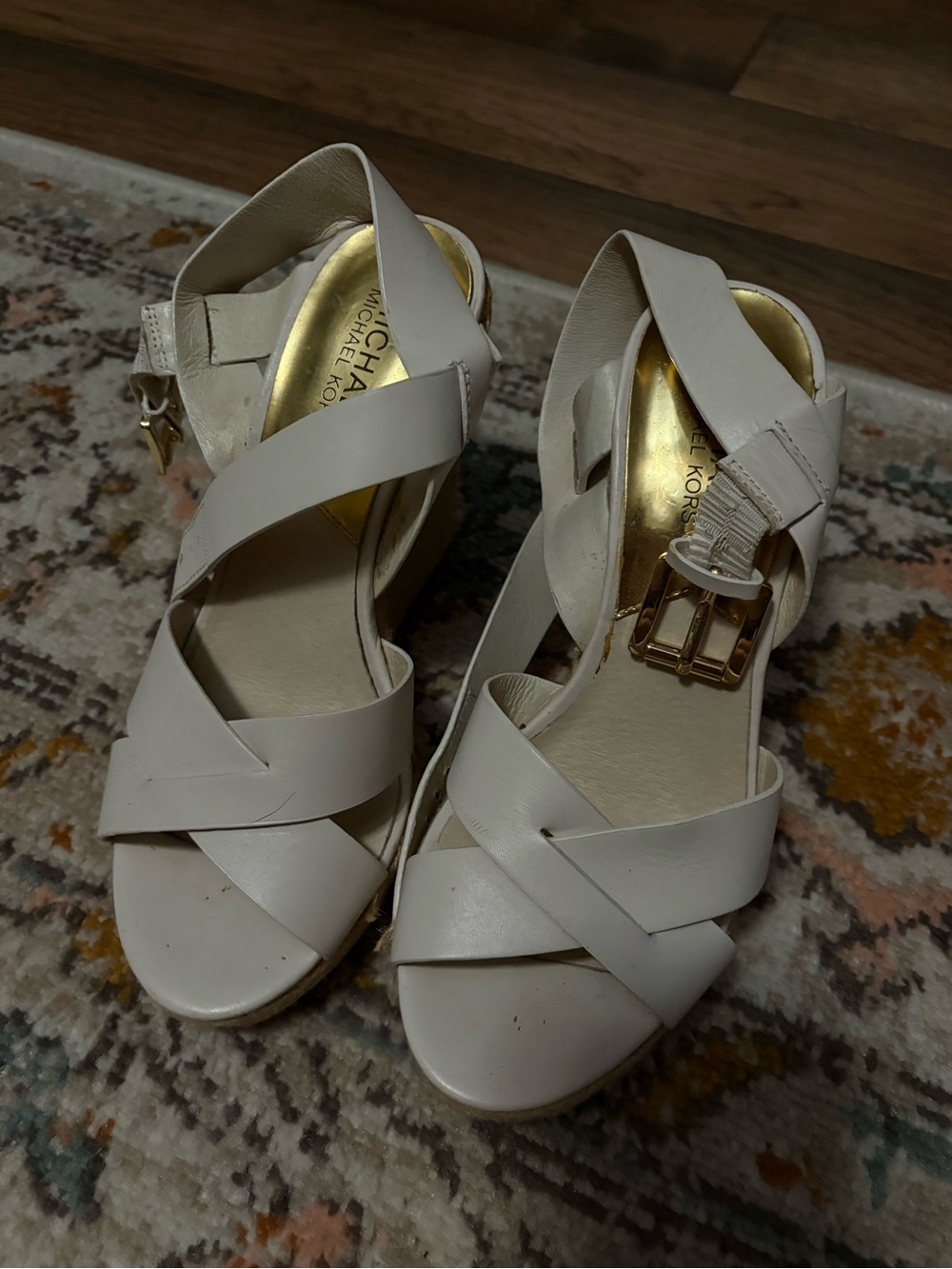 Michael Kors Ivory Leather Crisscross Wedge Sandals with Gold Buckle